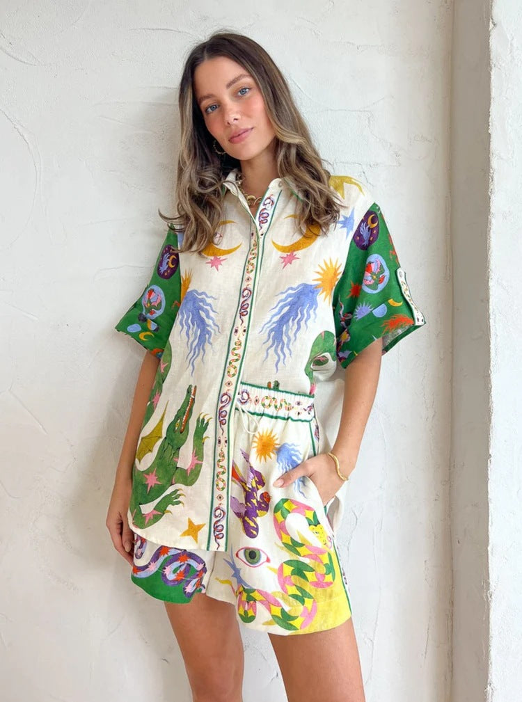 Graffiti Printed Shirt and Shorts Set