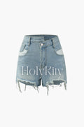 Asymmetric Frayed Denim Shorts