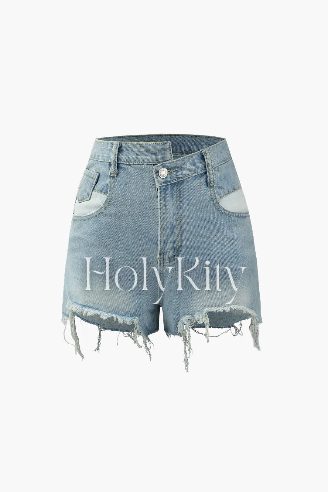 Asymmetric Frayed Denim Shorts