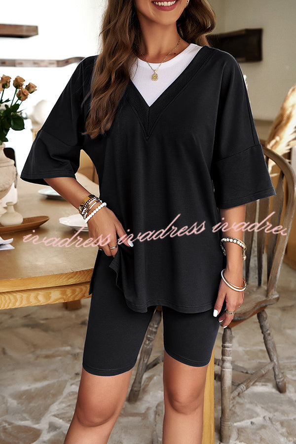 Commuting Style Solid Color V Neck Shorts Set