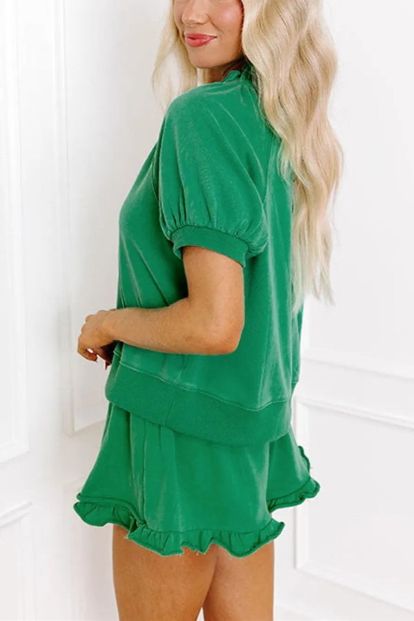 Women's Casual Puff Sleeve Top and Ruffle Shorts Set