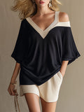 Casual And Elegant Color-blocked Short-sleeved And Shorts Knit Set