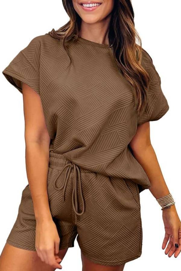 Women's Solid Textured Drawstring Shorts Set