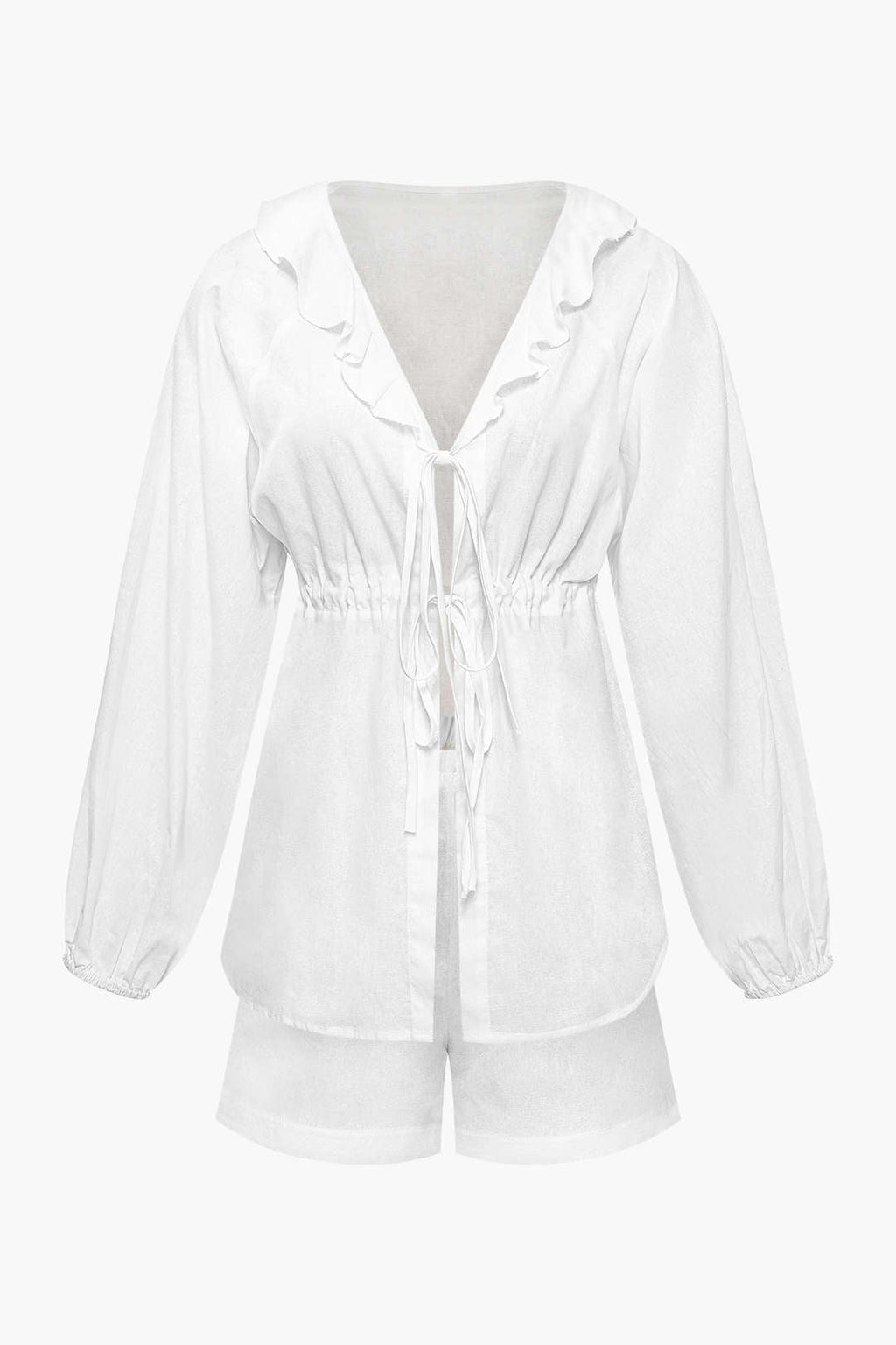 V-neck Frill Tie Front Blouse And Elastic Waist Shorts Set