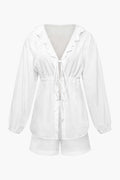 V-neck Frill Tie Front Blouse And Elastic Waist Shorts Set