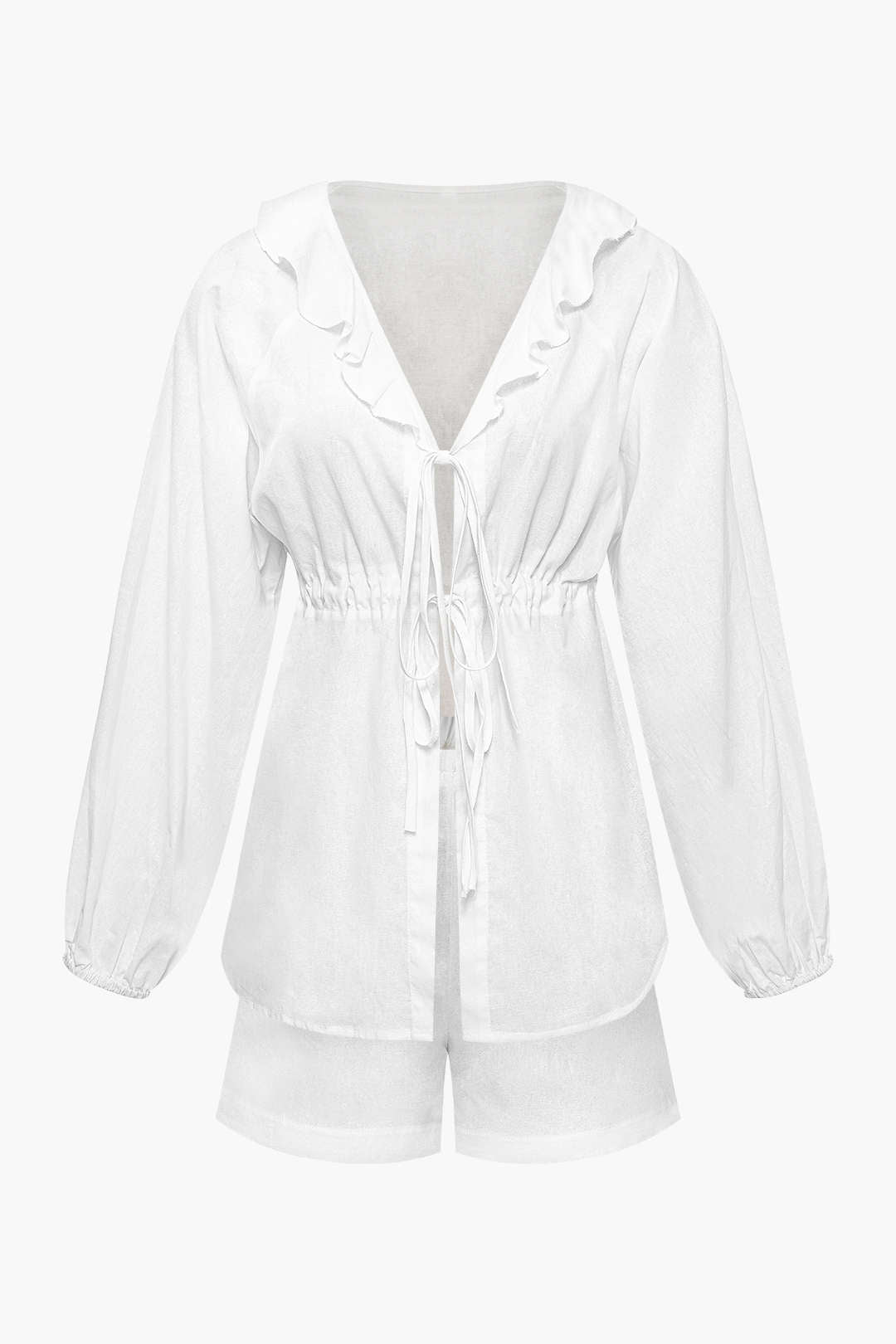 V-neck Frill Tie Front Blouse And Elastic Waist Shorts Set