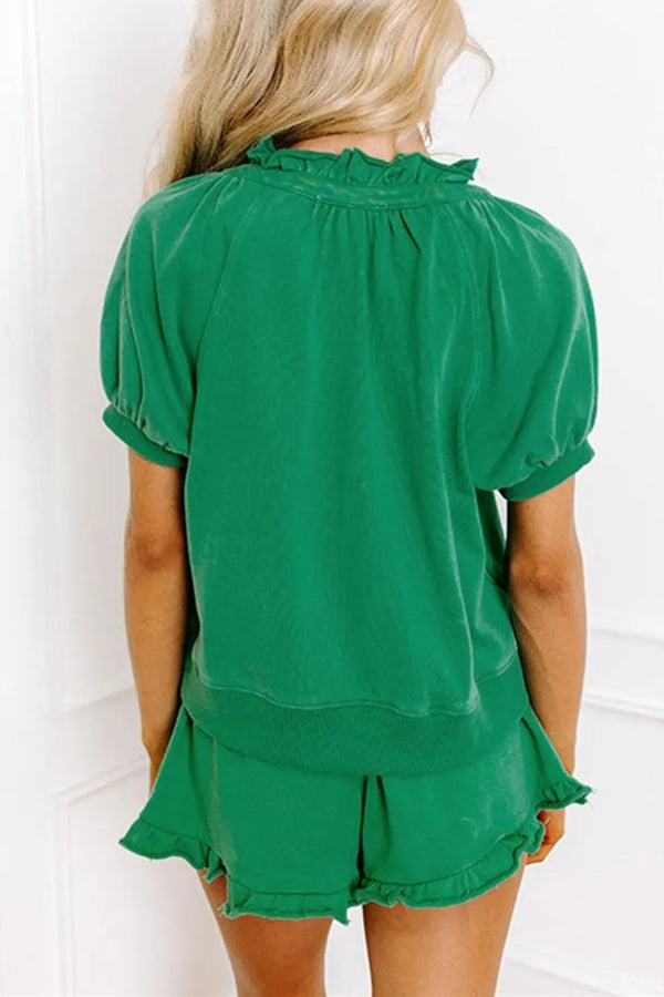 Women's Casual Puff Sleeve Top and Ruffle Shorts Set