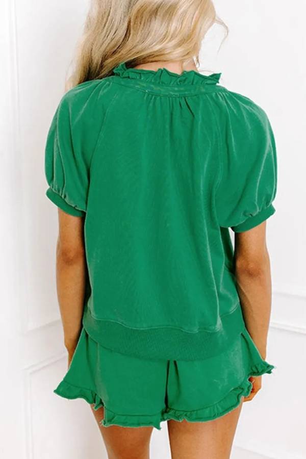 Women's Casual Half-zip Top and Ruffle Shorts Set