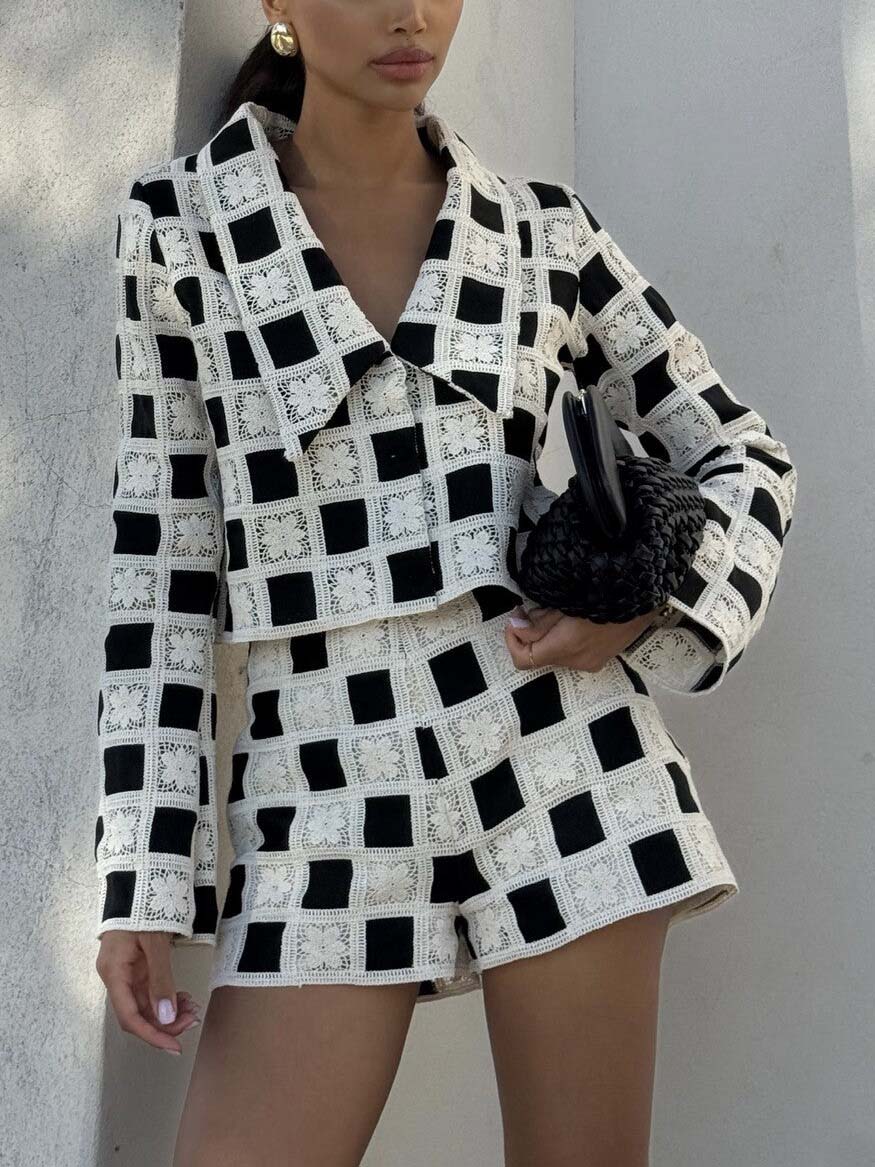 Exquisite Crochet Grid Pattern High-Waisted Shorts