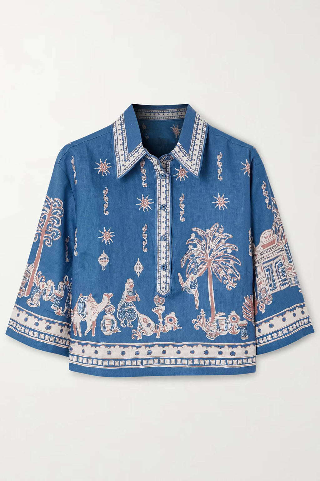 Unique Floral Print Linen Short-Sleeve Shirt and Shorts Set