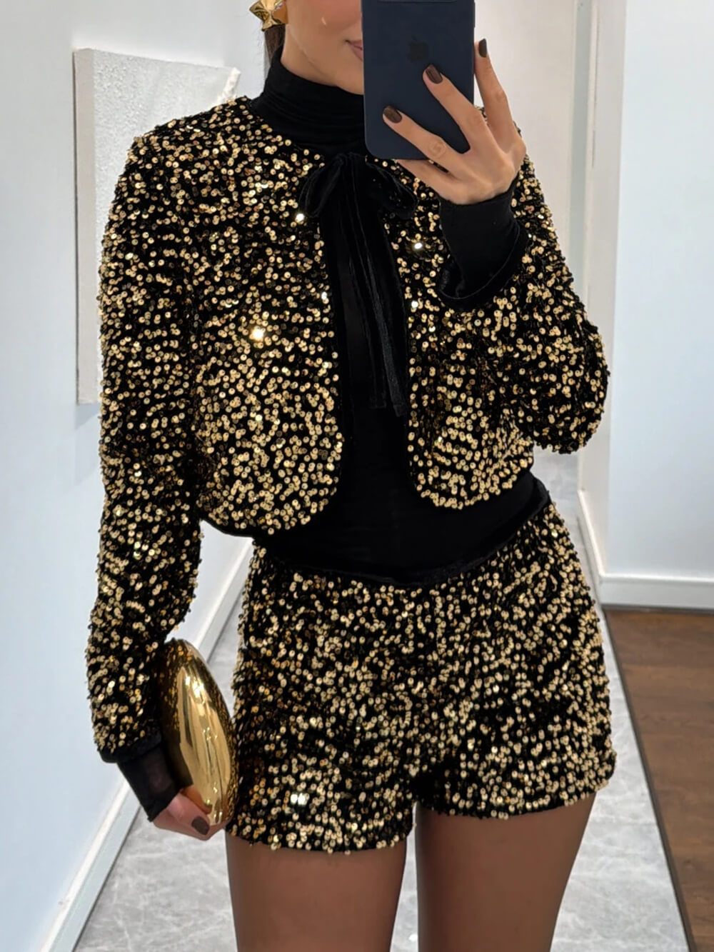 Exquisite Gold Sequin Blazer Velvet Shorts Set