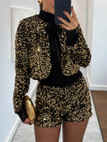 Exquisite Gold Sequin Blazer Velvet Shorts Set
