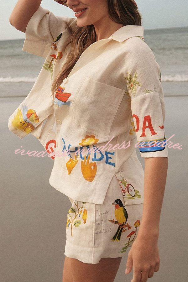 Hello Summer Linen Blend Hand-painted Print Blouse and Elastic Waist Pocketed Shorts Set