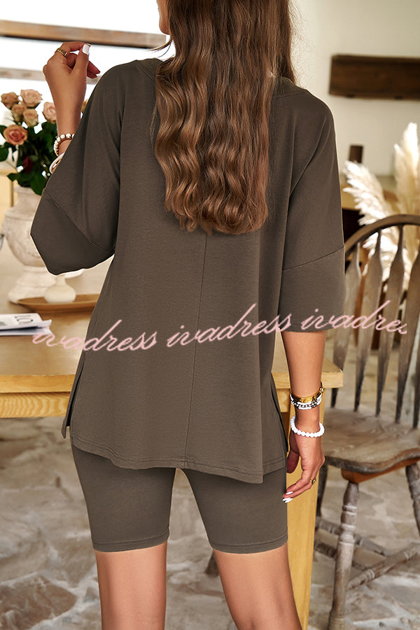 Commuting Style Solid Color V Neck Shorts Set