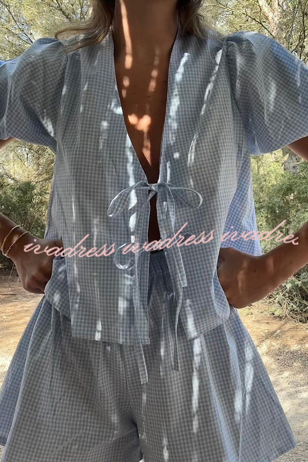 Fresh and Sweet Plaid Front Lace-up Puff Sleeve Top and Elastic Waist Shorts Set