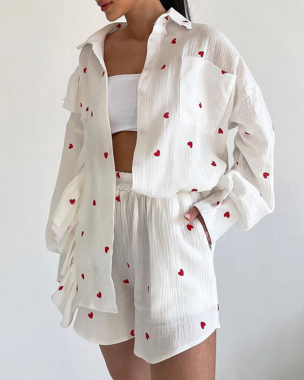 Ruffle Heart Printed Shirt and Shorts Set