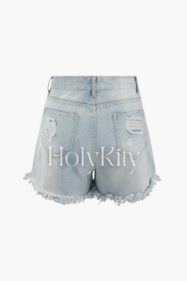 Pearl Embellished Frayed Distressed Denim Shorts