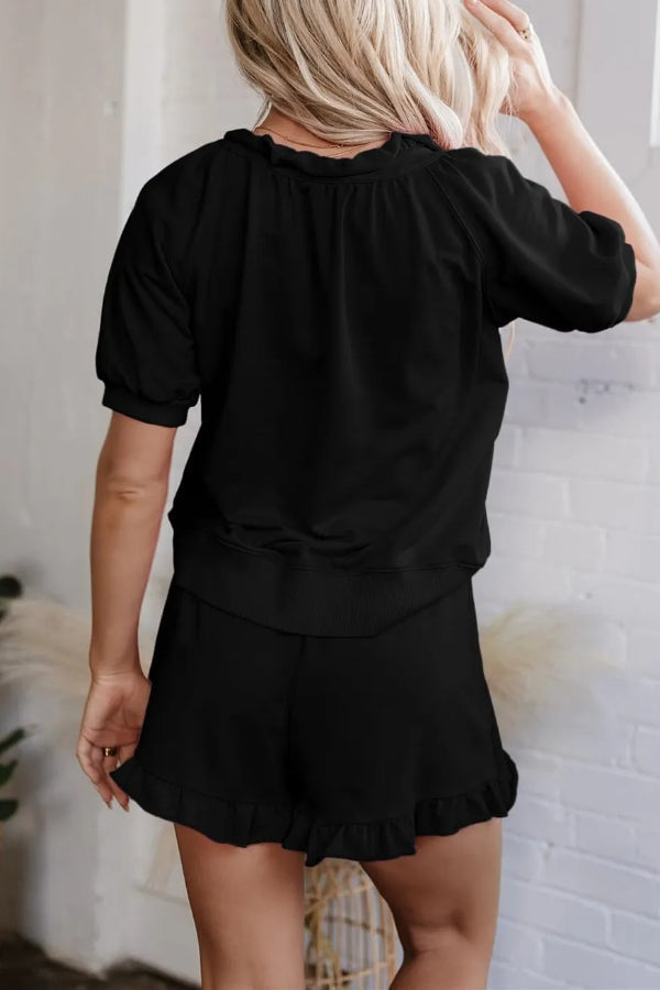 Women's Casual Puff Sleeve Top and Ruffle Shorts Set