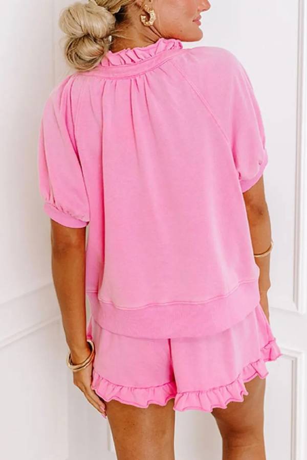 Women's Casual Half-zip Top and Ruffle Shorts Set