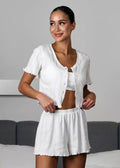 Ruffle Trim Two-Piece Lounge Set – Short Sleeve Top & Shorts