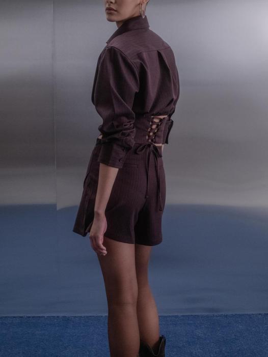 Burgundy Striped Backless Blouse & High-Waist Skort Set