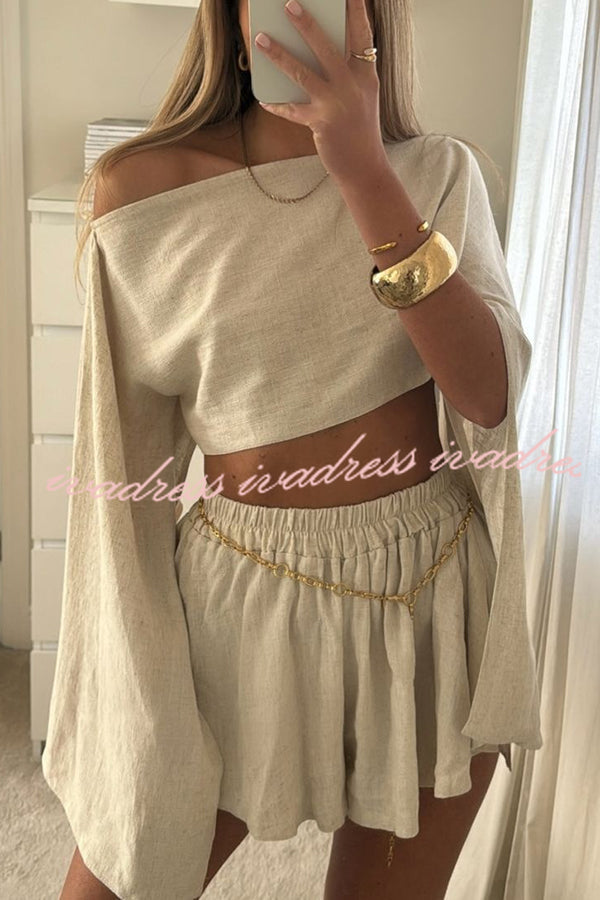 Mae Linen Blend Cropped Wide Sleeved Top and Elastic Waisted Shorts Set