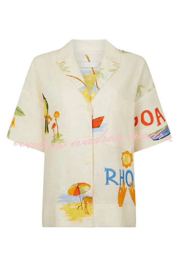 Hello Summer Linen Blend Hand-painted Print Blouse and Elastic Waist Pocketed Shorts Set