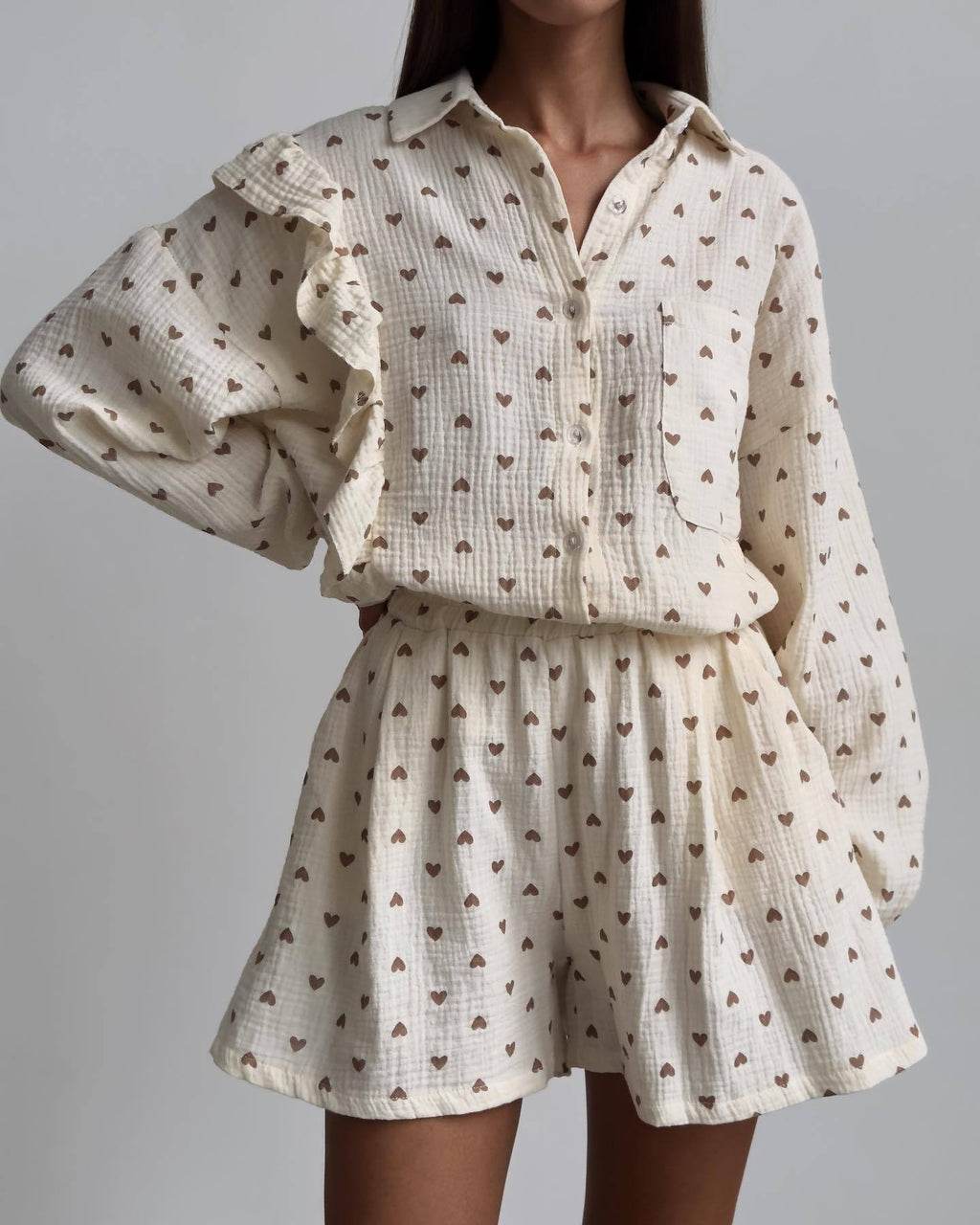 Ruffle Heart Printed Shirt and Shorts Set