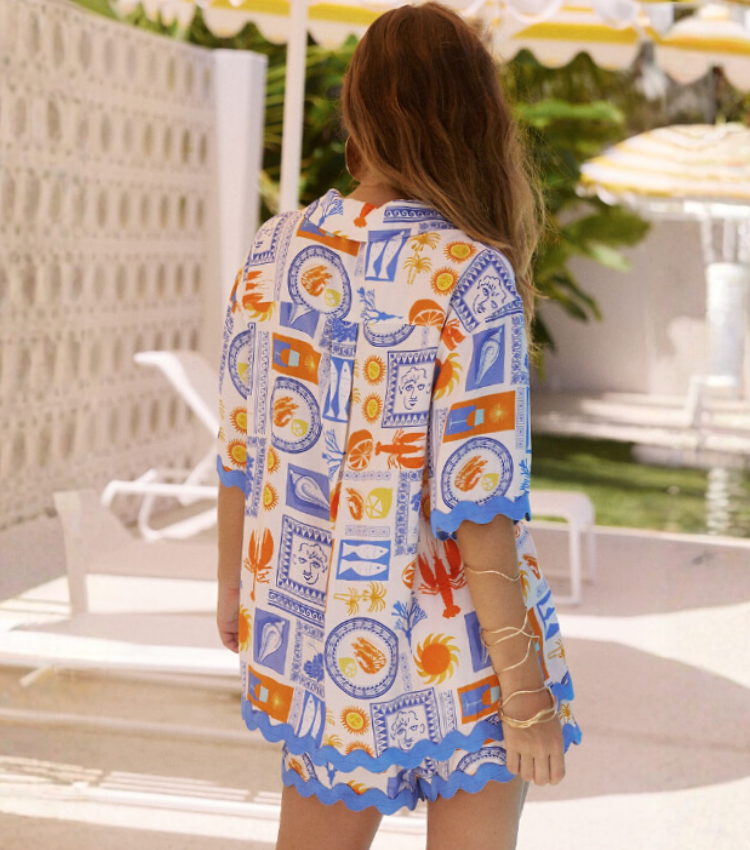 Wavy Lace Graffiti Printed Shirt and Shorts Set