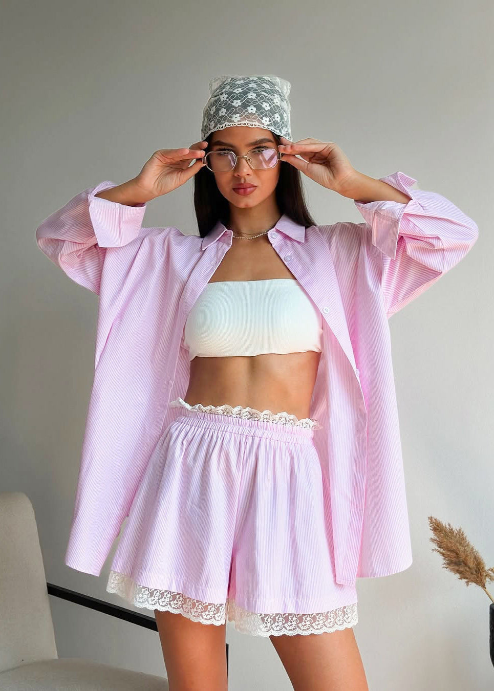 Pink Pinstripe Oversized Shirt & Lace-Trim Shorts Set – 2-Piece Women's Outfit