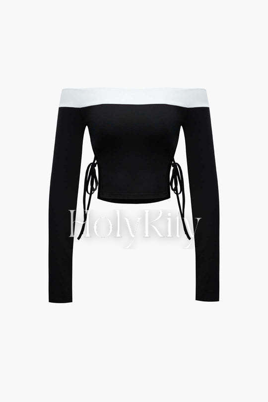 Contrast Off Shoulder Tie Side Long Sleeve Top And Shorts Set