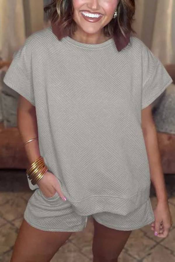 Women's Solid Textured Drawstring Shorts Set
