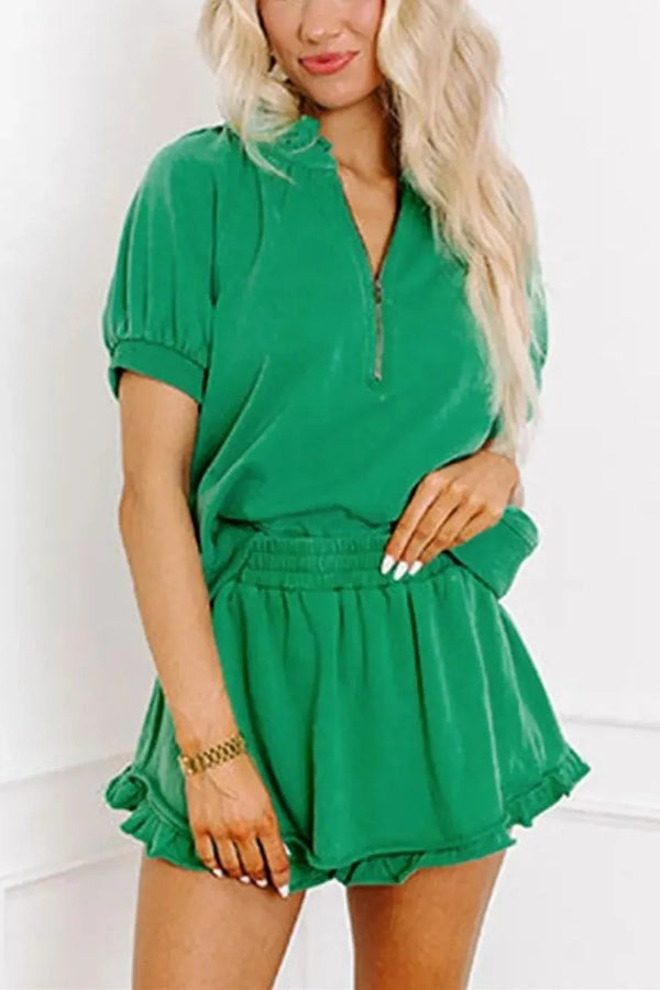 Women's Casual Puff Sleeve Top and Ruffle Shorts Set