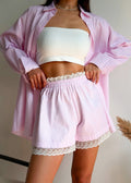 Pink Pinstripe Oversized Shirt & Lace-Trim Shorts Set – 2-Piece Women's Outfit