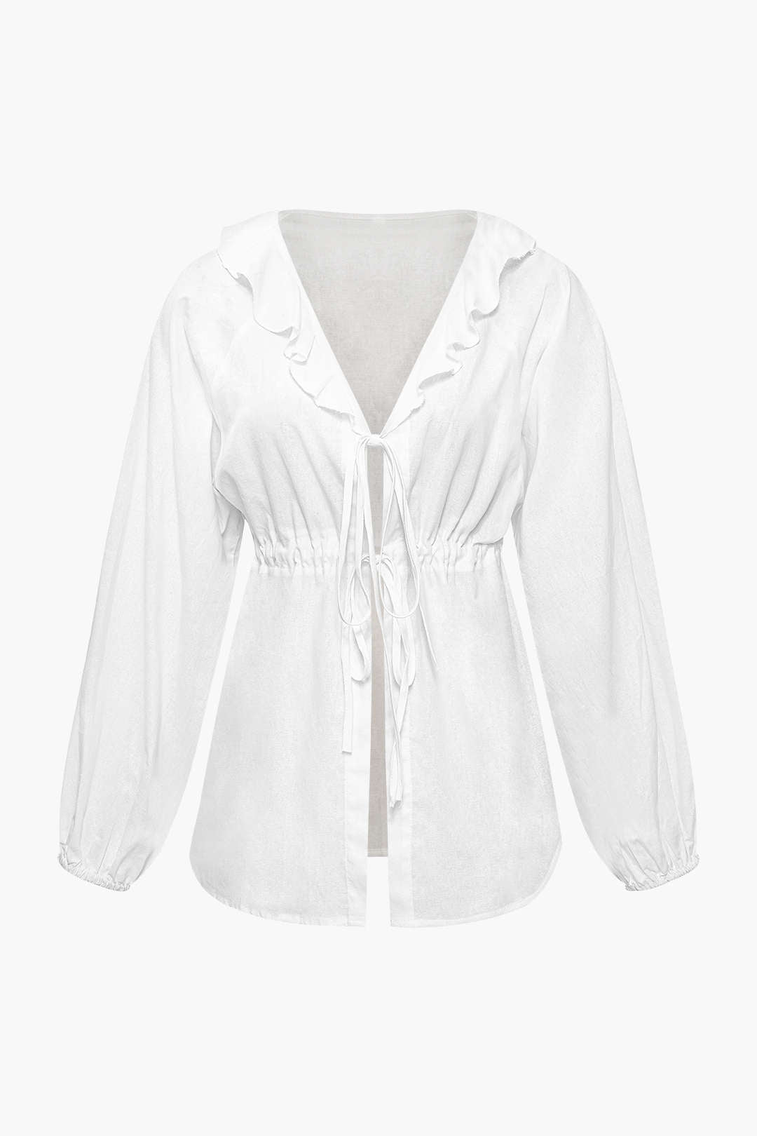 V-neck Frill Tie Front Blouse And Elastic Waist Shorts Set