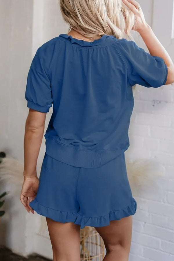 Women's Casual Puff Sleeve Top and Ruffle Shorts Set