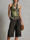 Retro Draped Halter Top & Striped Bermuda Shorts Set