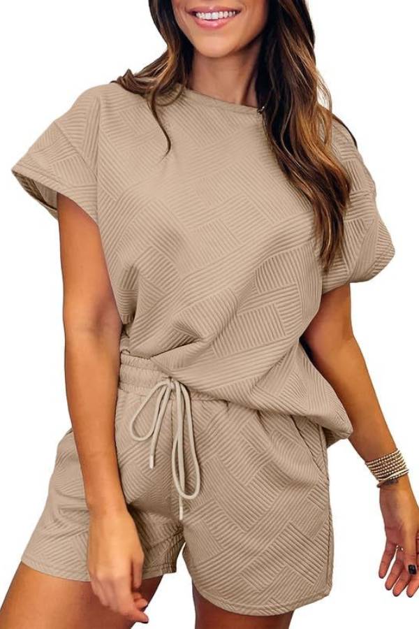 Women's Solid Textured Drawstring Shorts Set