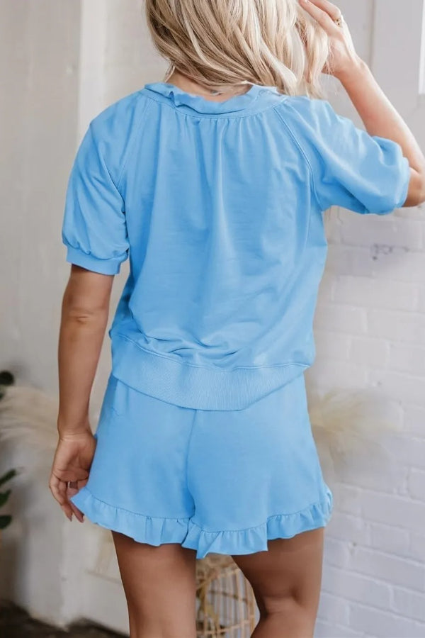 Women's Casual Puff Sleeve Top and Ruffle Shorts Set