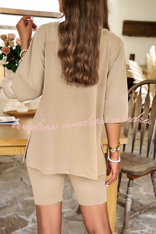 Commuting Style Solid Color V Neck Shorts Set