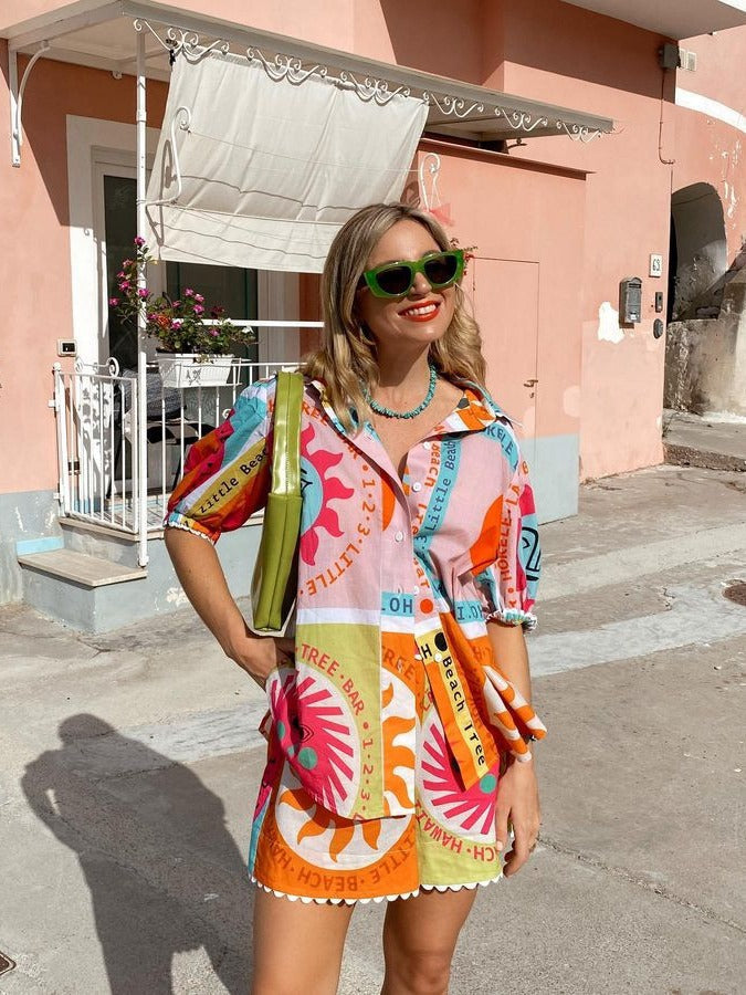 Puff Sleeve Printed Shirt and Shorts