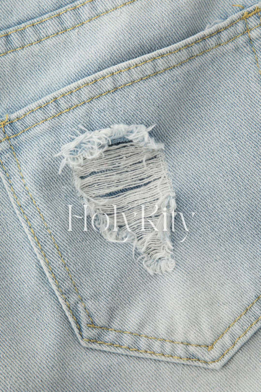 Pearl Embellished Frayed Distressed Denim Shorts