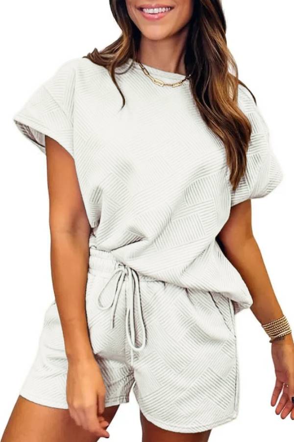 Women's Solid Textured Drawstring Shorts Set