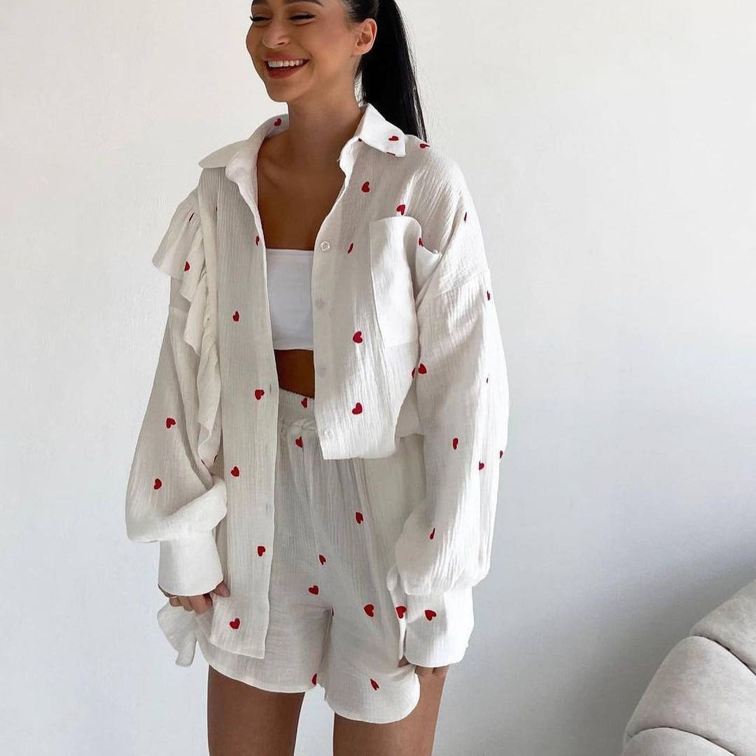 Ruffle Heart Printed Shirt and Shorts Set
