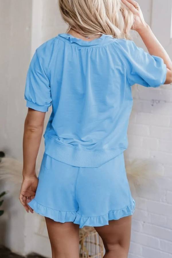 Women's Casual Half-zip Top and Ruffle Shorts Set