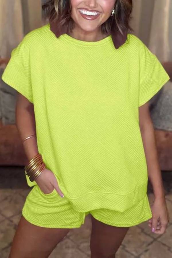 Women's Solid Textured Drawstring Shorts Set