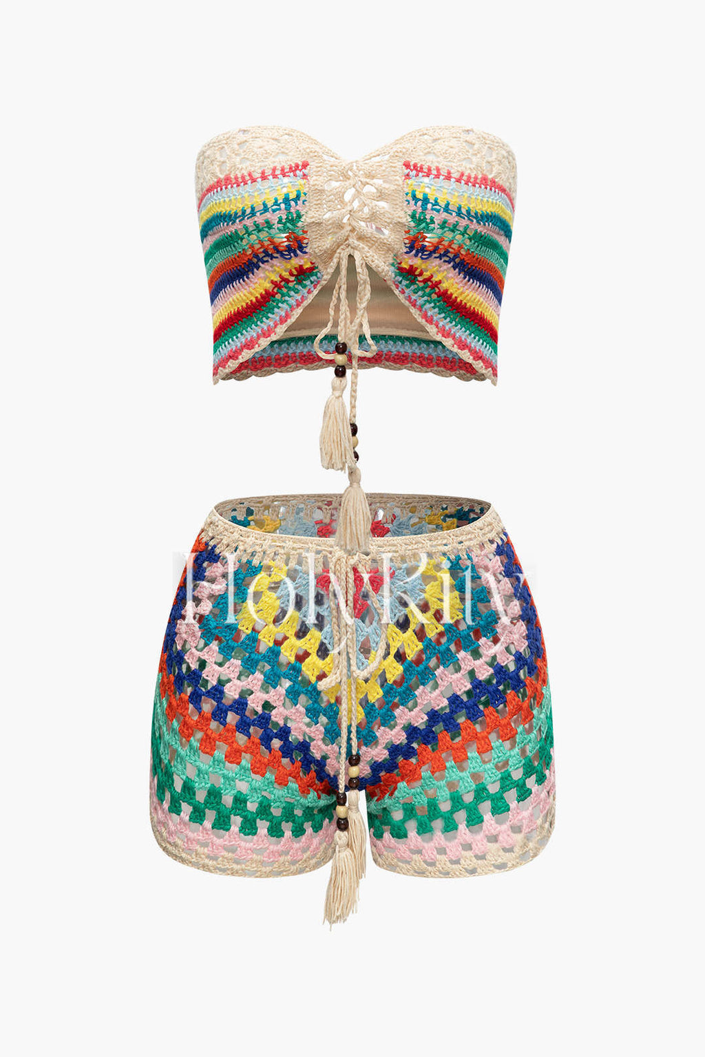 Rainbow Crochet Tie Front Tube Top And Shorts Set