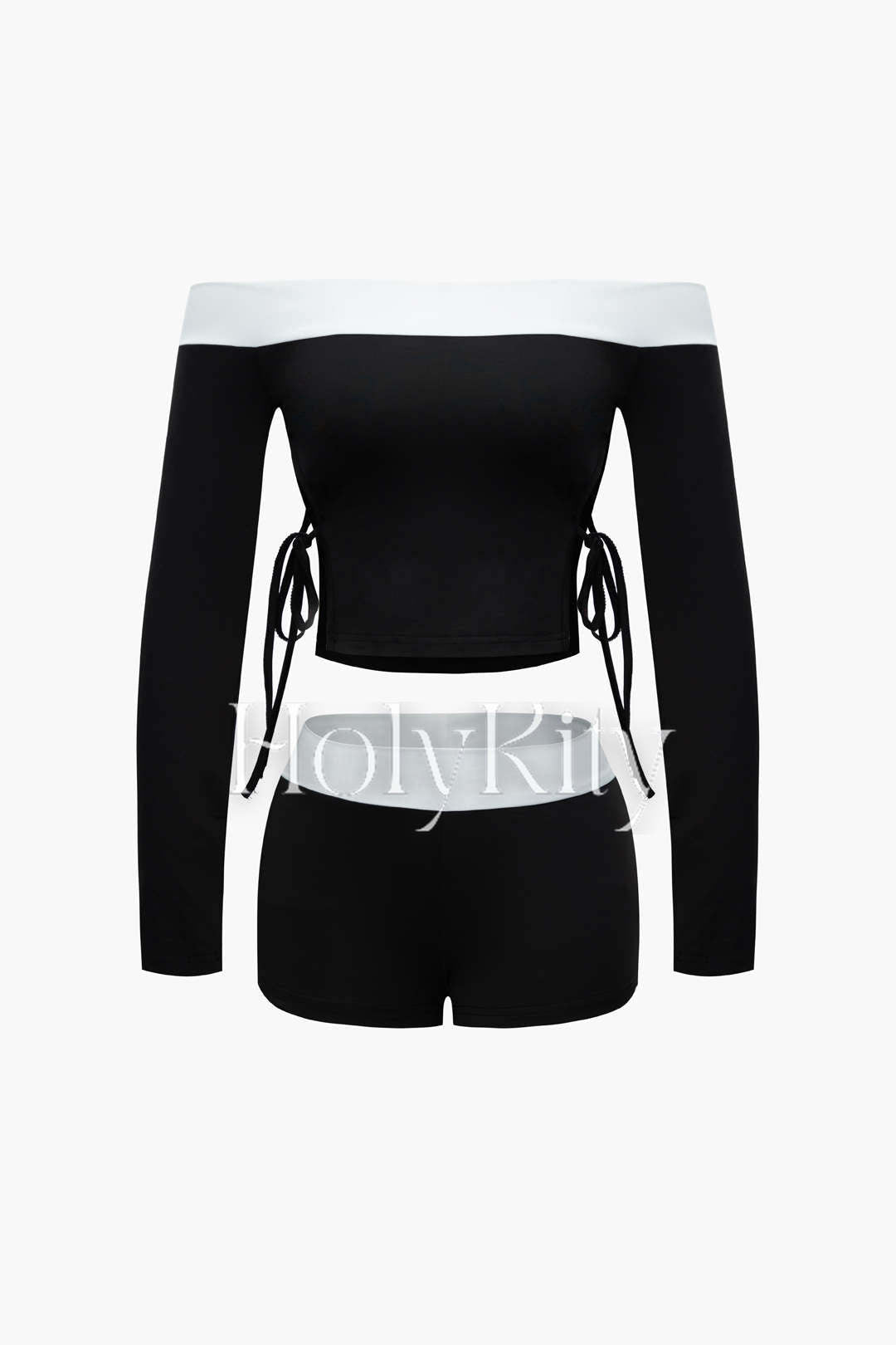 Contrast Off Shoulder Tie Side Long Sleeve Top And Shorts Set