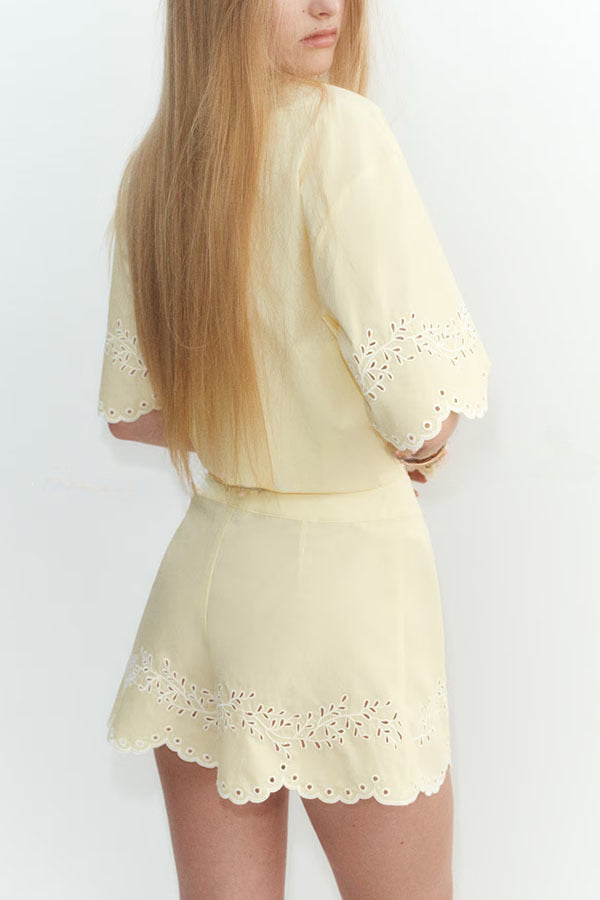Lemon Summer Lace Hollow Embroidery Button Up Shirt and High Rise Loose Shorts Set