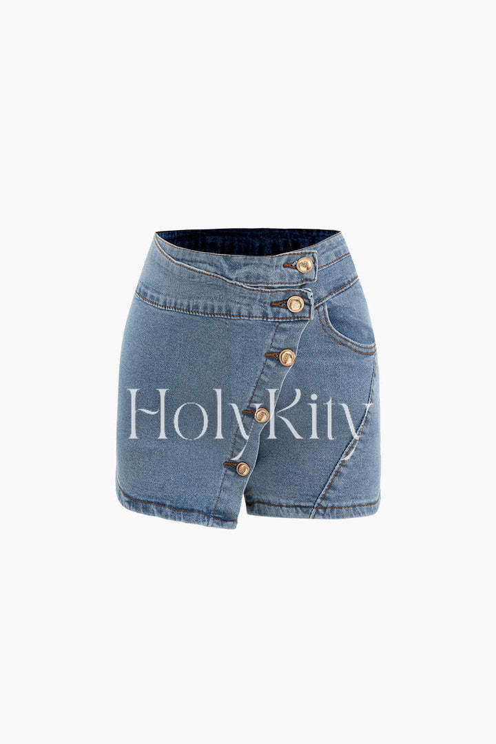 Asymmetric Wrap Denim Shorts